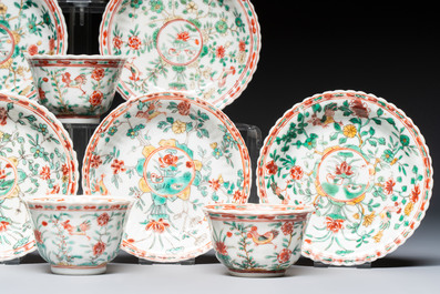 Four Chinese famille verte cups and seven saucers, 19th C.