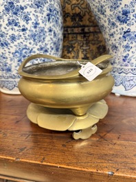 A large Chinese bronze tripod censer and stand, Wu Chen Mi Sheng Tang 戊辰米生堂 mark, dated 1868