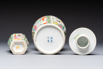 A pair of Chinese Canton famille rose hat stands, a covered vase, a vase and a bowl, 19th C.