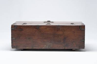 A Korean wrought-iron mounted wooden coin chest (Ton-Kwe), Joseon, 18/19th C.