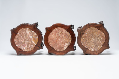 Four Chinese marble-topped hongmu stands, 19/20th C.