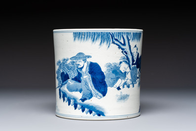 A Chinese blue and white 'Fisherman' brush pot, 20th C.