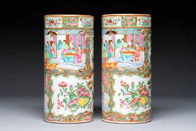 A pair of Chinese Canton famille rose hat stands, a covered vase, a vase and a bowl, 19th C.
