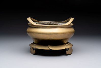 A large Chinese bronze tripod censer and stand, Wu Chen Mi Sheng Tang 戊辰米生堂 mark, dated 1868