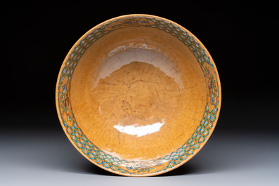 A Chinese famille rose 'Millefleurs' plate, a 'Dragons' plate, and a Nanking famille verte caf&eacute;-au-lait-ground bowl, Qianlong marks, 19/20th C.