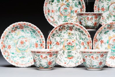 Four Chinese famille verte cups and seven saucers, 19th C.