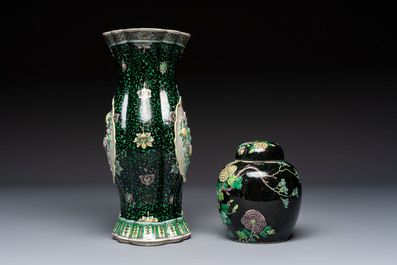 A Chinese verte biscuit black-ground vase and a covered jar, Xuande and Kangxi mark, 19th C.