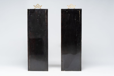 A Chinese lacquered wooden table screen with jade and cloisonn&eacute;, and a pair of wall panels embellished with jade, bone, and wood, 19/20th C.