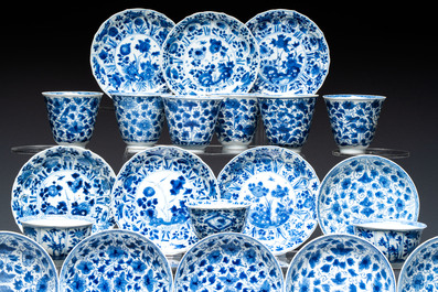 Nine Chinese blue and white cups and 12 saucers, Kangxi
