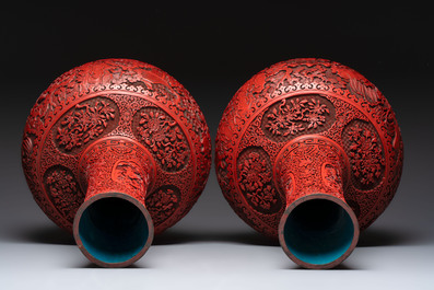 A pair of Chinese cinnabar lacquer 'Xi Xiang Ji' 'Tianqiu Ping' vases, 20th C.