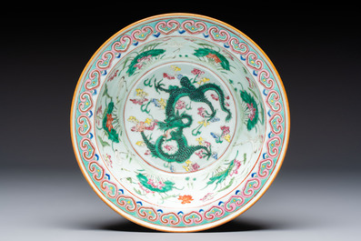 A large Chinese famille rose 'Dragon' basin and a basin with floral design, 19th C.