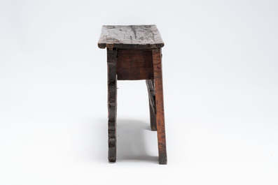 A Tibetan finely painted polychrome wooden folding table and an altar table, 18/19th C.