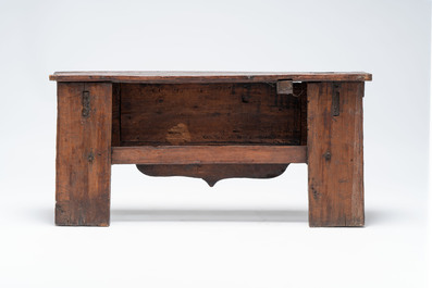 A Tibetan finely painted polychrome wooden folding table and an altar table, 18/19th C.