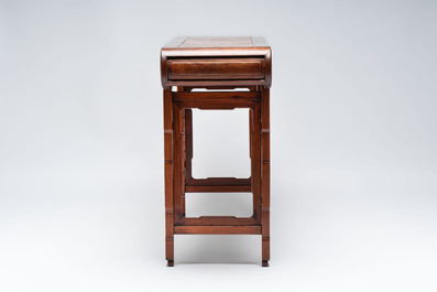 A Chinese burlwood-topped hardwood console table, 19th C.