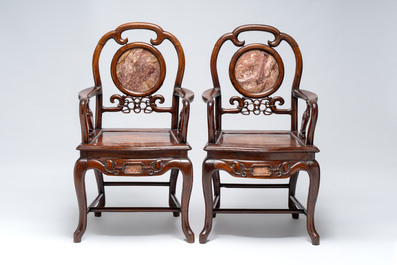 A set of six fine Chinese marble-inset hongmu chairs, 19th C.