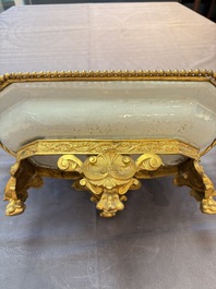 A Chinese famille rose octagonal 'Crane among Flowering Branches' dish with bronze mount, Qianlong