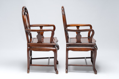 A set of six fine Chinese marble-inset hongmu chairs, 19th C.