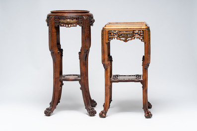 Gabriel Viardot (1830-1906): a gilt-bronze-mounted marble-topped Japonism wooden stand, marked, and one stand attributed to Viardot, France, ca. 1900