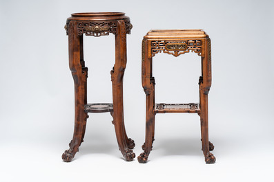 Gabriel Viardot (1830-1906): a gilt-bronze-mounted marble-topped Japonism wooden stand, marked, and one stand attributed to Viardot, France, ca. 1900