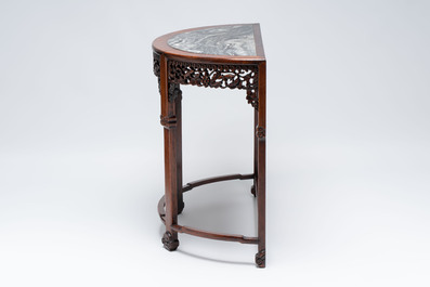A fine Chinese marble-topped hongmu demi-lune console table, 19th C.
