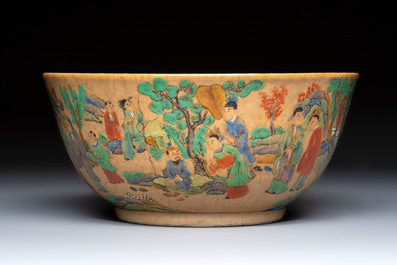 A Chinese famille rose 'Millefleurs' plate, a 'Dragons' plate, and a Nanking famille verte caf&eacute;-au-lait-ground bowl, Qianlong marks, 19/20th C.