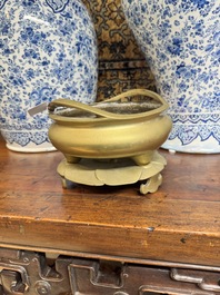 A large Chinese bronze tripod censer and stand, Wu Chen Mi Sheng Tang 戊辰米生堂 mark, dated 1868