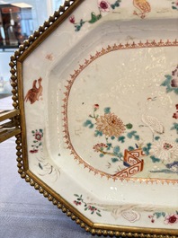 A Chinese famille rose octagonal 'Crane among Flowering Branches' dish with bronze mount, Qianlong