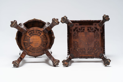 Gabriel Viardot (1830-1906): a gilt-bronze-mounted marble-topped Japonism wooden stand, marked, and one stand attributed to Viardot, France, ca. 1900