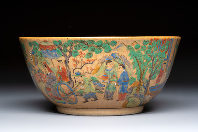 A Chinese famille rose 'Millefleurs' plate, a 'Dragons' plate, and a Nanking famille verte caf&eacute;-au-lait-ground bowl, Qianlong marks, 19/20th C.