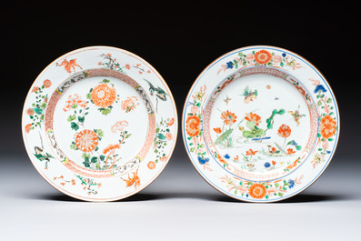 Three Chinese famille verte plates with floral design, one powder-blue-ground, Kangxi