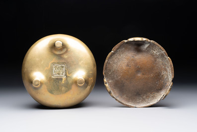 A large Chinese bronze tripod censer and stand, Wu Chen Mi Sheng Tang 戊辰米生堂 mark, dated 1868