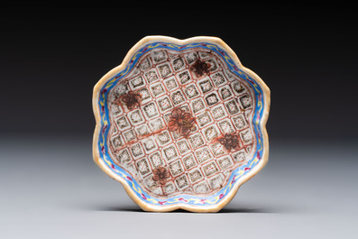 A Chinese famille rose nine-piece 'Plum Blossoms' sweetmeat set on a wooden tray, 19th C.