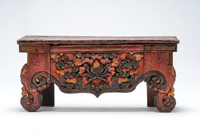 A Tibetan finely painted polychrome wooden folding table and an altar table, 18/19th C.