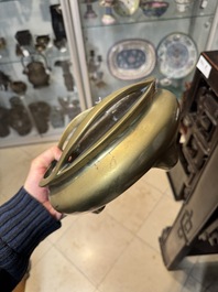 A large Chinese bronze tripod censer and stand, Wu Chen Mi Sheng Tang 戊辰米生堂 mark, dated 1868