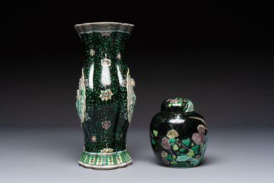 A Chinese verte biscuit black-ground vase and a covered jar, Xuande and Kangxi mark, 19th C.