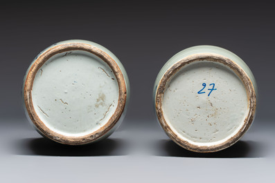 Five Chinese blue and white celadon-ground vases, 19th C.