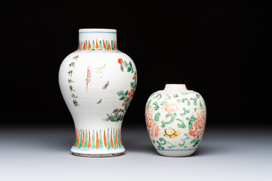 A Chinese wucai 'Poem' vase and a 'Peony scroll' jar, signed Hui An 卉菴, Kangxi