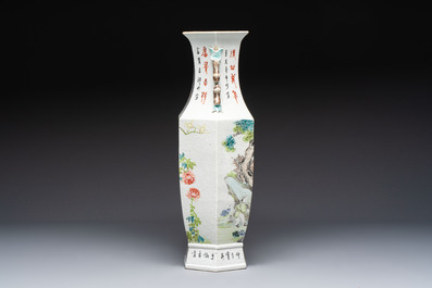 A Chinese Qianjiang cai hexagonal 'Figural' and 'Rooster' vase, signed Gao Hengsheng 高恆生, dated 1897