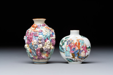 Two Chinese famille rose '18 Luohan' snuff bottles, Qianlong and Daoguang marks, 19th C.