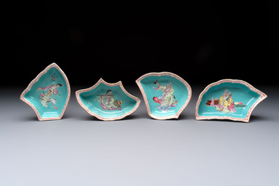 A rare Chinese famille rose turquoise-ground nine-piece 'butterfly' sweetmeat set with immortals, Guangxu mark and of the period