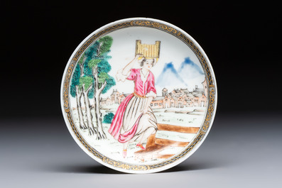 A rare Chinese famille rose erotic 'Milkmaid' cup and saucer, Qianlong, ca. 1740