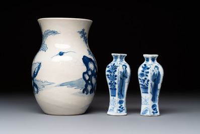 A Chinese blue and white vase, a pair of miniature vases, a covered teapot and a covered box, Kangxi and artemisia leaf mark, Kangxi