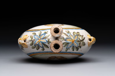 A polychrome Italian maiolica pilgrim bottle with two portrait busts, Castelli, 18th C.