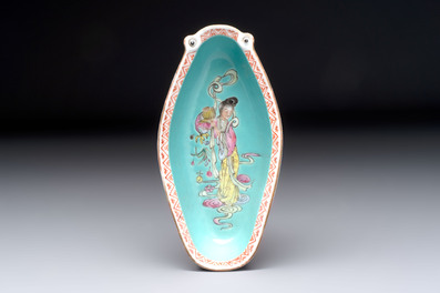A rare Chinese famille rose turquoise-ground nine-piece 'butterfly' sweetmeat set with immortals, Guangxu mark and of the period