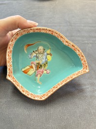 A rare Chinese famille rose turquoise-ground nine-piece 'butterfly' sweetmeat set with immortals, Guangxu mark and of the period