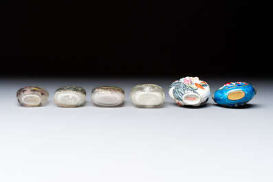 Six Chinese famille rose, enamelled copper and inside-painted glass snuff bottles, various signatures, Qianlong mark, 19/20th C.