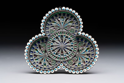 A Russian silver enamel tripod tazza, Julius Rappaport, St. Petersburg, 19/20th C.