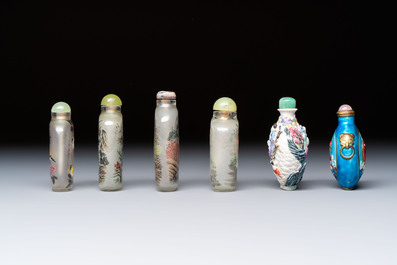 Six Chinese famille rose, enamelled copper and inside-painted glass snuff bottles, various signatures, Qianlong mark, 19/20th C.