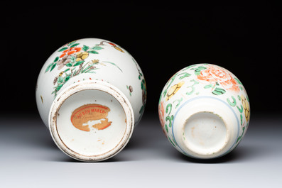 A Chinese wucai 'Poem' vase and a 'Peony scroll' jar, signed Hui An 卉菴, Kangxi