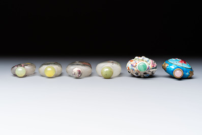 Six Chinese famille rose, enamelled copper and inside-painted glass snuff bottles, various signatures, Qianlong mark, 19/20th C.
